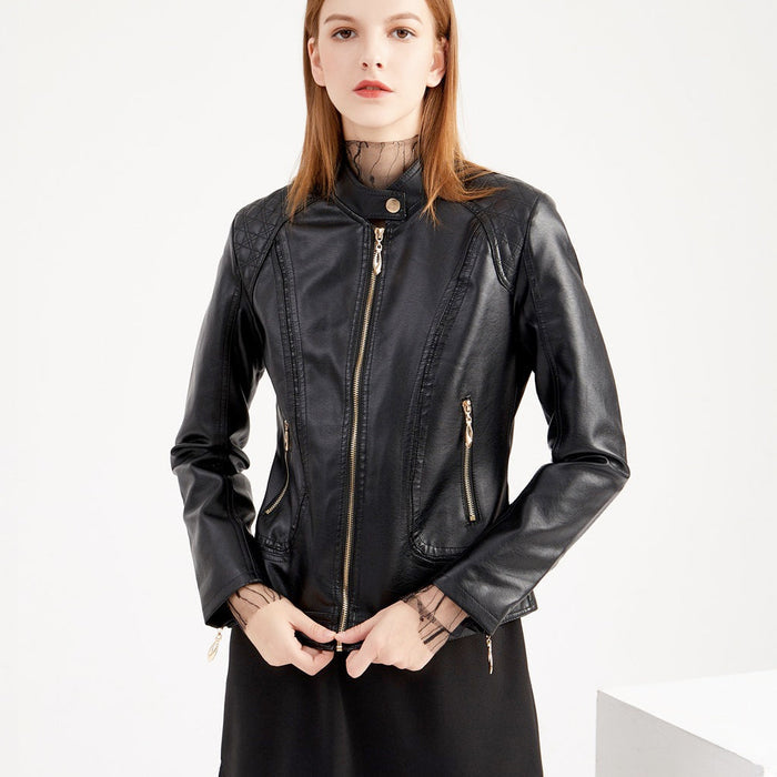 Soft Quilted Faux Leather Jacket for Women: black, gold-tone metal jacket, biker moto style