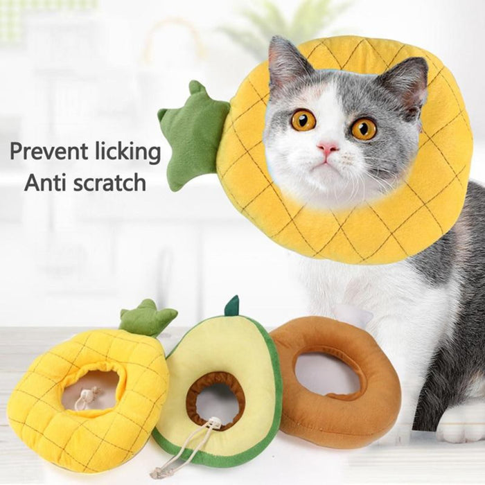 Soft Recovery Collars for Pets: yellow, green cat, cartoon fruit-themed style