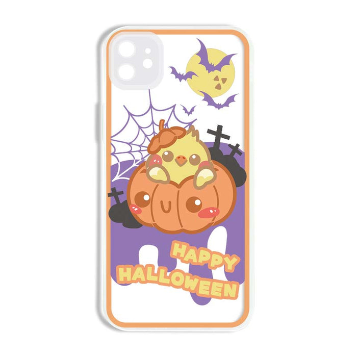 Soft TPU Cockatiel iPhone Case: white, orange Halloween-themed cartoon chick in a pumpkin with bats and spiderweb, kawaii car
