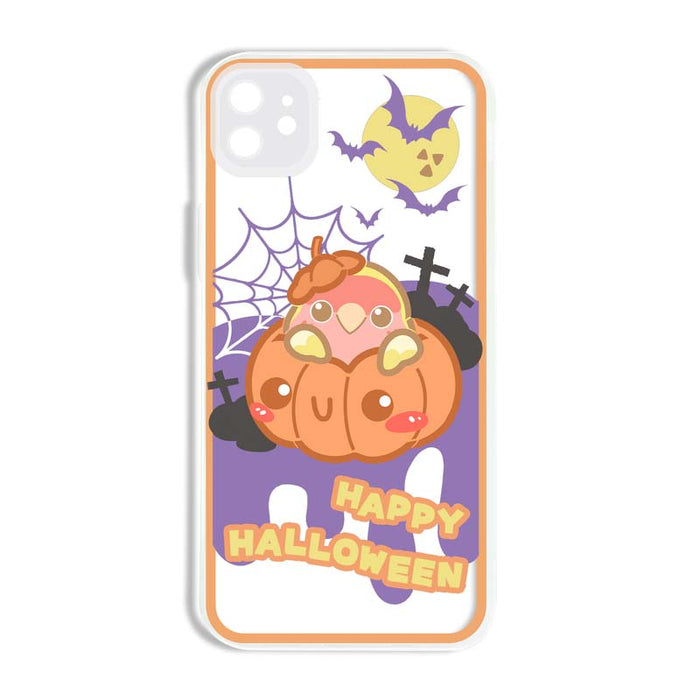 Soft TPU Cockatiel iPhone Case: white, orange Halloween-themed cartoon chick in a pumpkin with bats and spiderweb, kawaii car