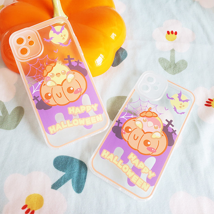 Soft TPU Cockatiel iPhone Case: white, orange Halloween-themed cartoon chick in a pumpkin with bats and spiderweb, kawaii car