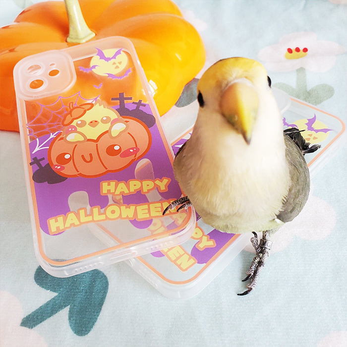 Soft TPU Cockatiel iPhone Case: white, orange Halloween-themed cartoon chick in a pumpkin with bats and spiderweb, kawaii car