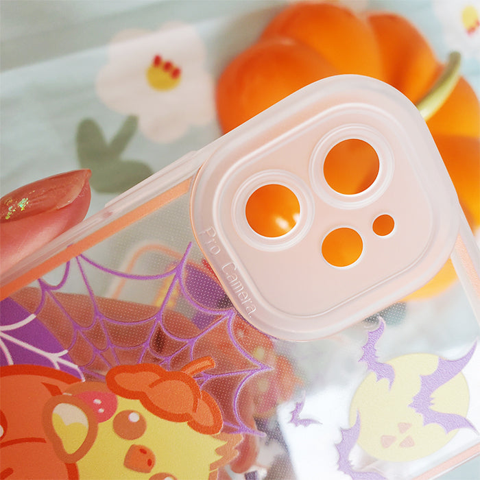 Soft TPU Cockatiel iPhone Case: white, orange Halloween-themed cartoon chick in a pumpkin with bats and spiderweb, kawaii car