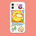 Soft TPU iPhone Case with Cutouts: clear, yellow cartoon yellow duck-like character and cat character, kawaii cartoon style
