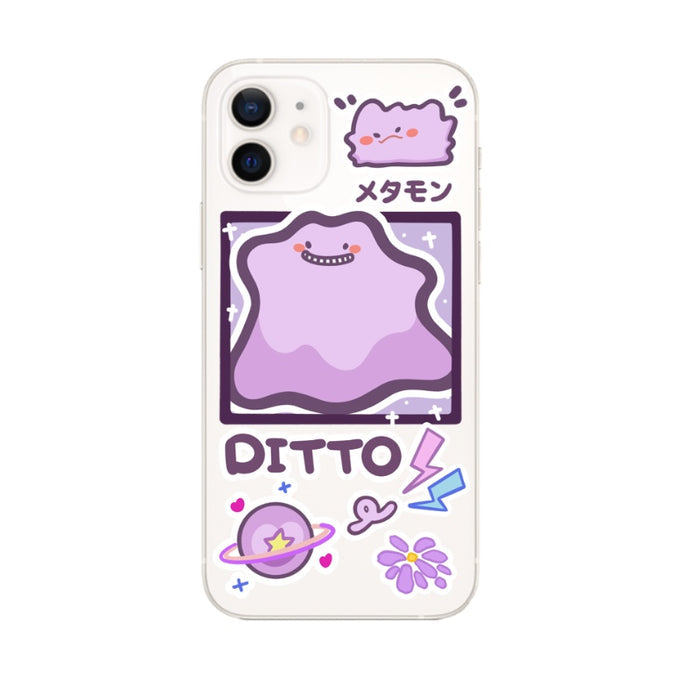 Soft TPU iPhone Case with Cutouts: clear, yellow cartoon yellow duck-like character and cat character, kawaii cartoon style