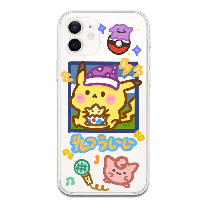 Soft TPU iPhone Case with Cutouts: clear, yellow cartoon yellow duck-like character and cat character, kawaii cartoon style