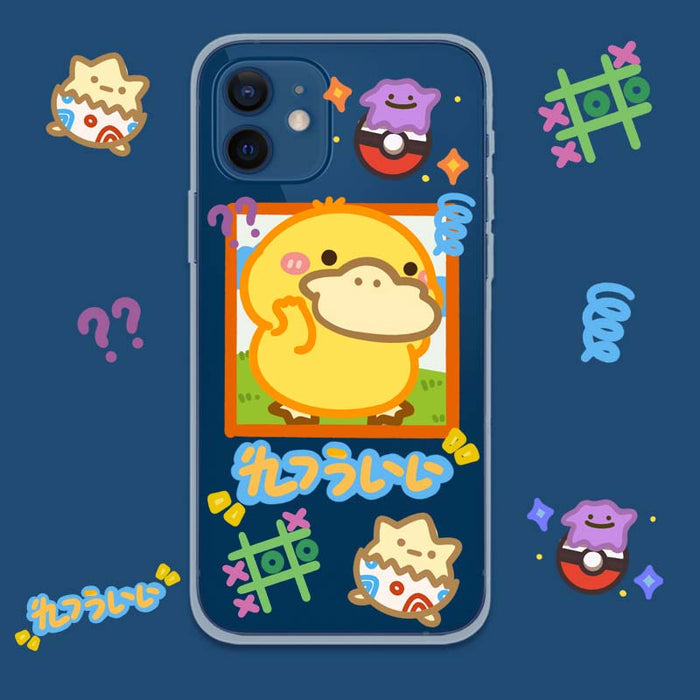 Soft TPU iPhone Case with Cutouts: clear, yellow cartoon yellow duck-like character and cat character, kawaii cartoon style