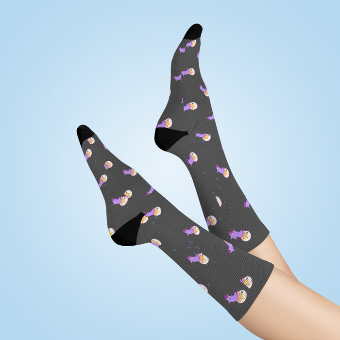 Space Adventure Dog Fun Socks: dark gray, black cartoon sleeping person/character motif