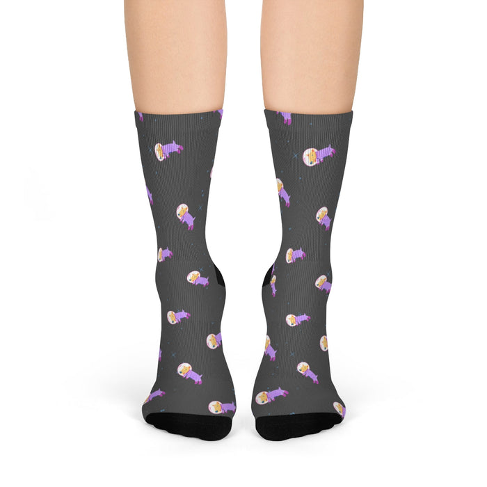 Space Adventure Dog Fun Socks: dark gray, black cartoon sleeping person/character motif