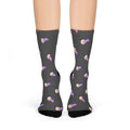 Space Adventure Dog Fun Socks: dark gray, black cartoon sleeping person/character motif