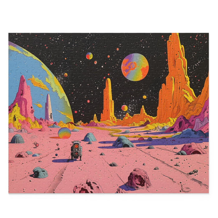 Space Age Robot Puzzle, 500-Piece: pink, orange surreal alien planet landscape, retro sci-fi illustration, surreal, cartoon s