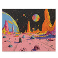 Space Age Robot Puzzle, 500-Piece: pink, orange surreal alien planet landscape, retro sci-fi illustration, surreal, cartoon s