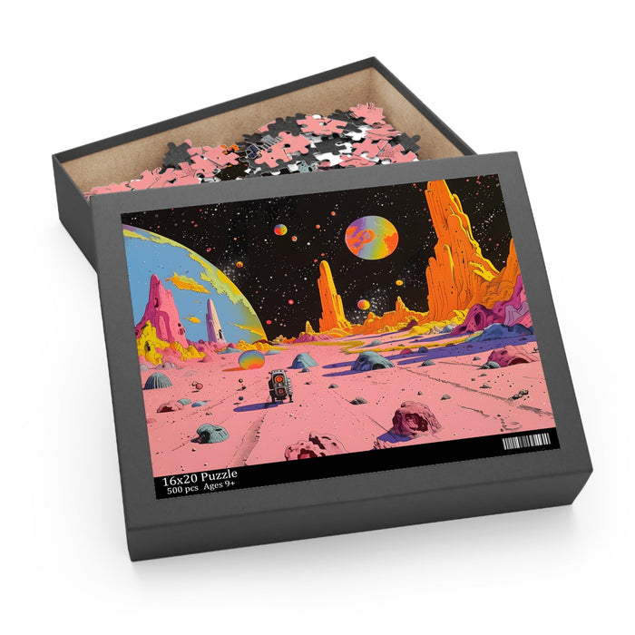 Space Age Robot Puzzle, 500-Piece: pink, orange surreal alien planet landscape, retro sci-fi illustration, surreal, cartoon s