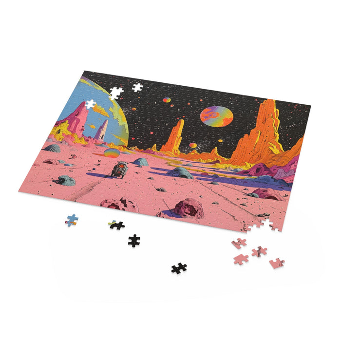 Space Age Robot Puzzle, 500-Piece: pink, orange surreal alien planet landscape, retro sci-fi illustration, surreal, cartoon s