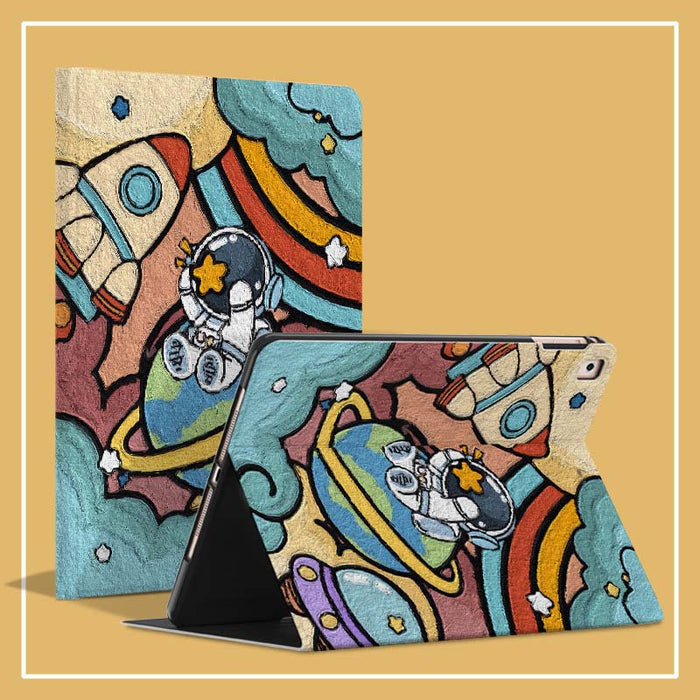 Space Astronaut iPad Mini Cases: teal, yellow cartoon astronaut and space theme, cartoon, colorful, playful style