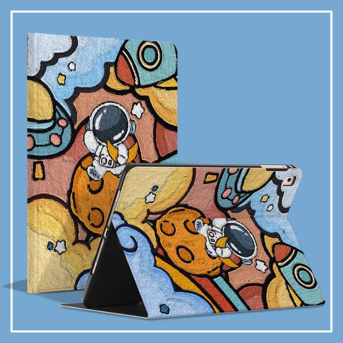 Space Astronaut iPad Mini Cases: teal, yellow cartoon astronaut and space theme, cartoon, colorful, playful style