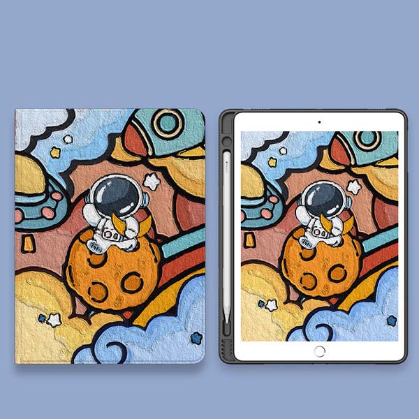 Space Astronaut iPad Mini Cases: teal, yellow cartoon astronaut and space theme, cartoon, colorful, playful style