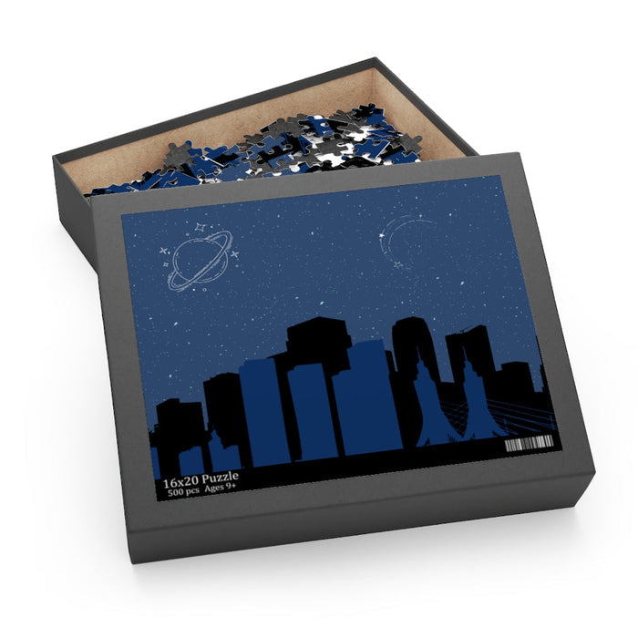 Space Exploration City Puzzle, 500-Piece: dark gray, blue space-themed city skyline, graphic, minimalist space-themed illustr