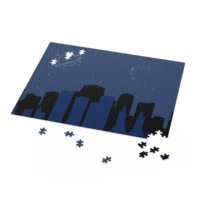 Space Exploration City Puzzle, 500-Piece: dark gray, blue space-themed city skyline, graphic, minimalist space-themed illustr