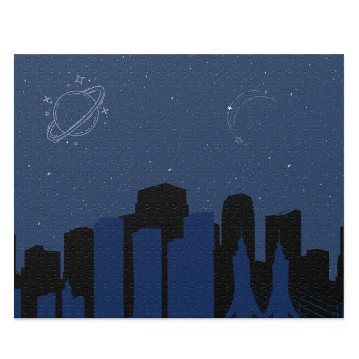 Space Exploration City Puzzle, 500-Piece: dark gray, blue space-themed city skyline, graphic, minimalist space-themed illustr