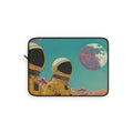 Space Exploration Inspired Laptop Sleeve: teal, yellow astronauts and a planet on an alien landscape, retro sci-fi illustrati