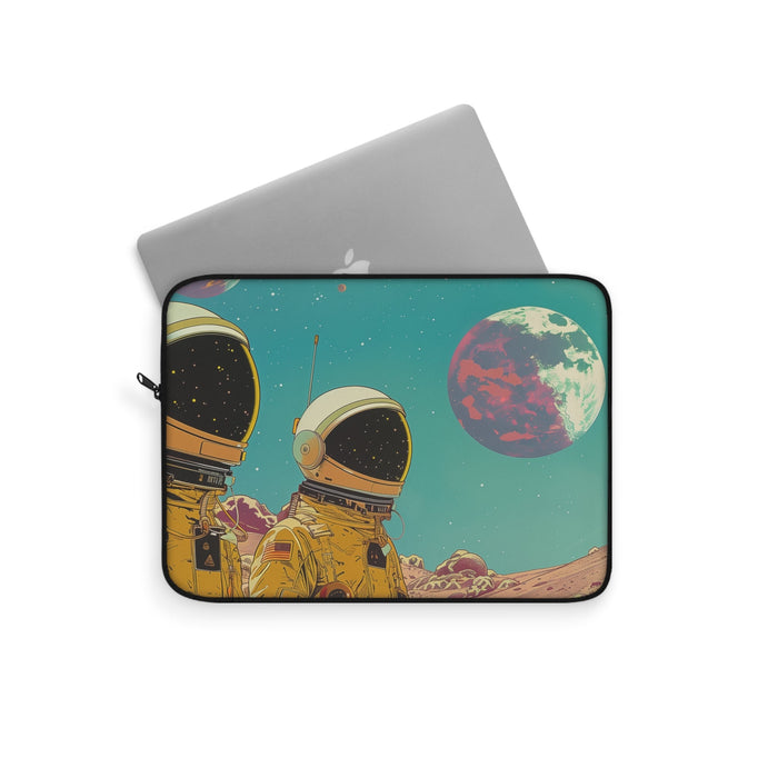 Space Exploration Inspired Laptop Sleeve: teal, yellow astronauts and a planet on an alien landscape, retro sci-fi illustrati