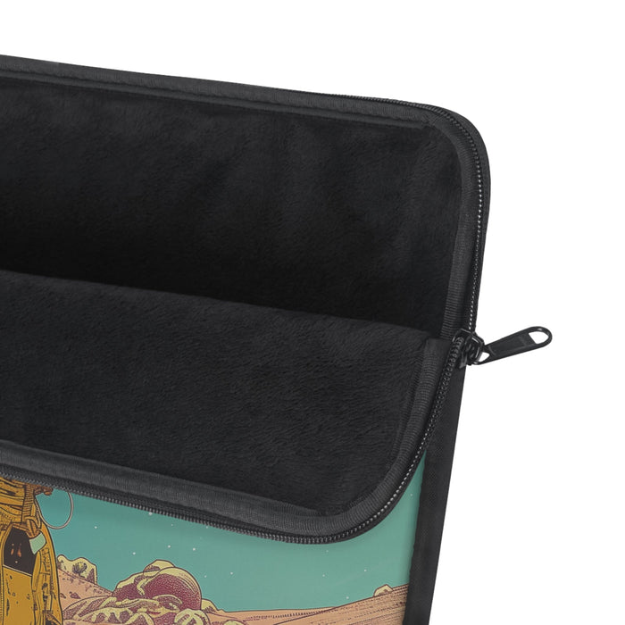 Space Exploration Inspired Laptop Sleeve: teal, yellow astronauts and a planet on an alien landscape, retro sci-fi illustrati