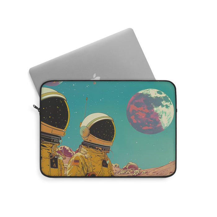Space Exploration Inspired Laptop Sleeve: teal, yellow astronauts and a planet on an alien landscape, retro sci-fi illustrati