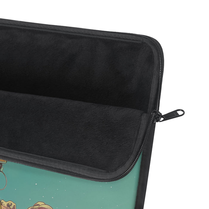 Space Exploration Inspired Laptop Sleeve: teal, yellow astronauts and a planet on an alien landscape, retro sci-fi illustrati