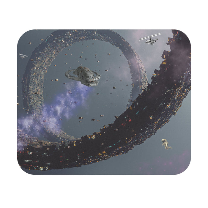 Space Explorer Mouse Pad: dark gray, black science-fiction space scene, realistic sci-fi illustration style