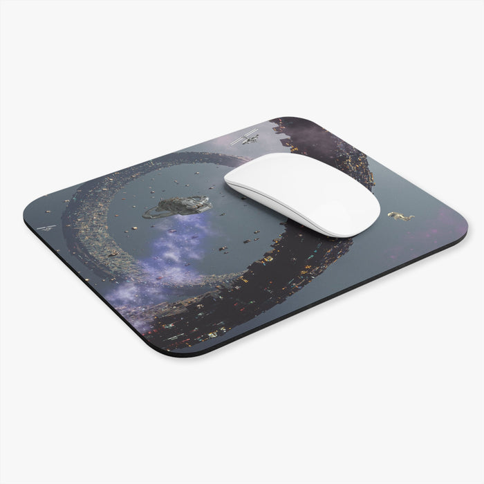 Space Explorer Mouse Pad: dark gray, black science-fiction space scene, realistic sci-fi illustration style