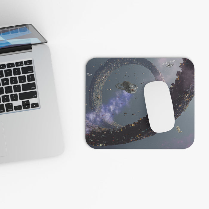 Space Explorer Mouse Pad: dark gray, black science-fiction space scene, realistic sci-fi illustration style