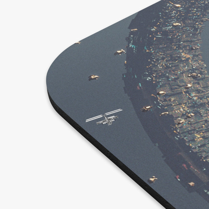 Space Explorer Mouse Pad: dark gray, black science-fiction space scene, realistic sci-fi illustration style