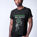 Space-Inspired Men's Short Sleeve Tee: black, green astronaut / space theme, cartoon graphic style