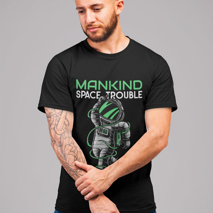 Space-Inspired Men's Short Sleeve Tee: black, green astronaut / space theme, cartoon graphic style