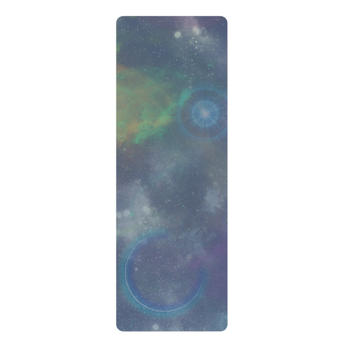 Space Yoga Mat Illuminated by Solar Lights: dark blue, teal space/galaxy theme, cosmic abstract style