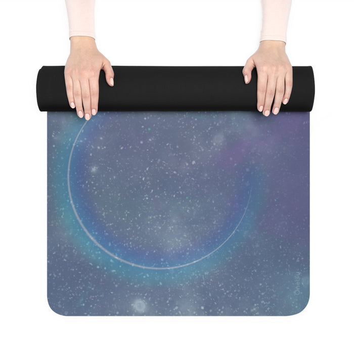 Space Yoga Mat Illuminated by Solar Lights: dark blue, teal space/galaxy theme, cosmic abstract style