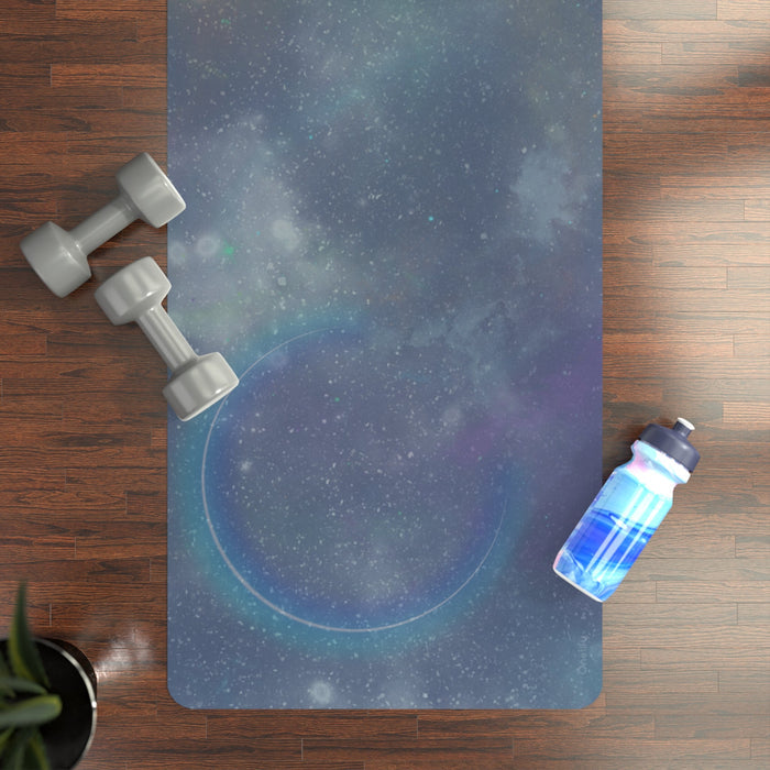 Space Yoga Mat Illuminated by Solar Lights: dark blue, teal space/galaxy theme, cosmic abstract style