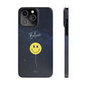 Spacey Smiles, Believe iPhone Slim Case: dark navy blue, black smiley face balloon, minimal cartoon style