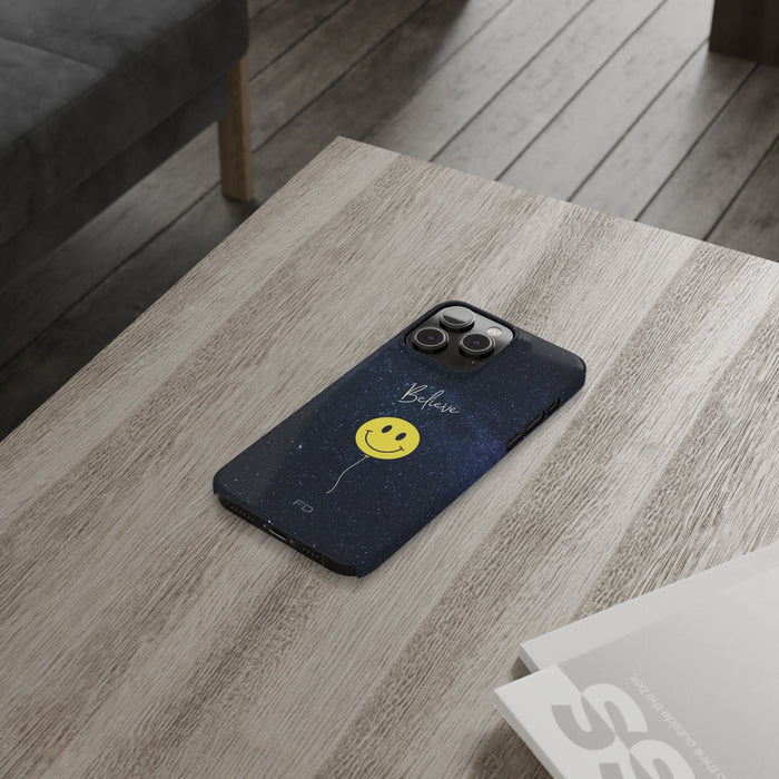 Spacey Smiles, Believe iPhone Slim Case: dark navy blue, black smiley face balloon, minimal cartoon style