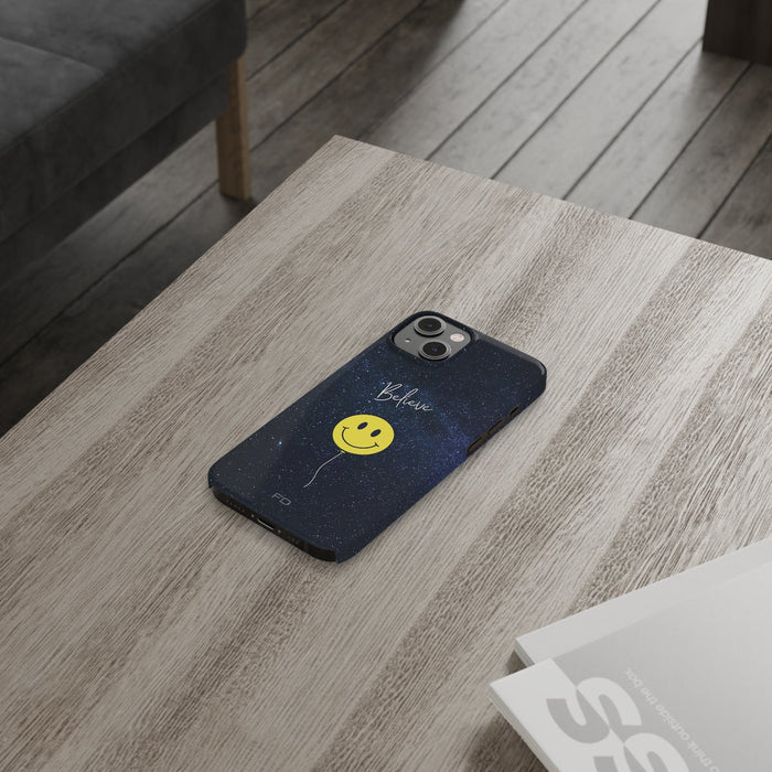 Spacey Smiles, Believe iPhone Slim Case: dark navy blue, black smiley face balloon, minimal cartoon style