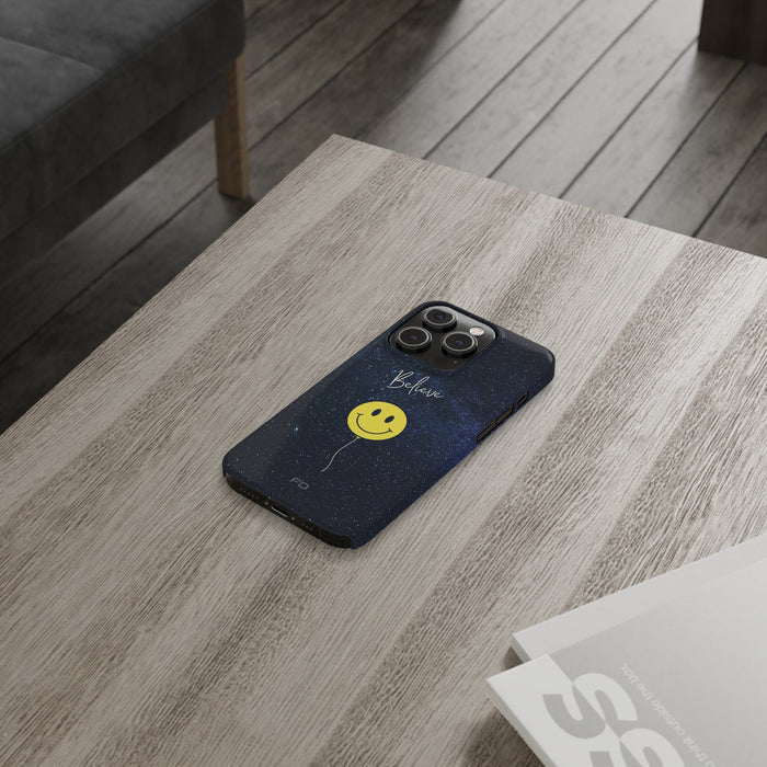 Spacey Smiles, Believe iPhone Slim Case: dark navy blue, black smiley face balloon, minimal cartoon style