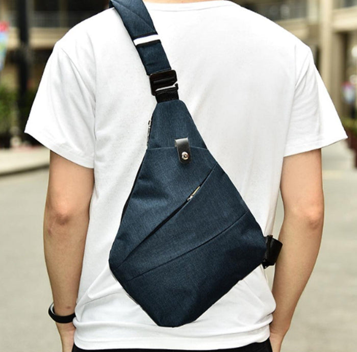 Spacious sholder bag: dark navy blue, black sling backpack, minimal casual style