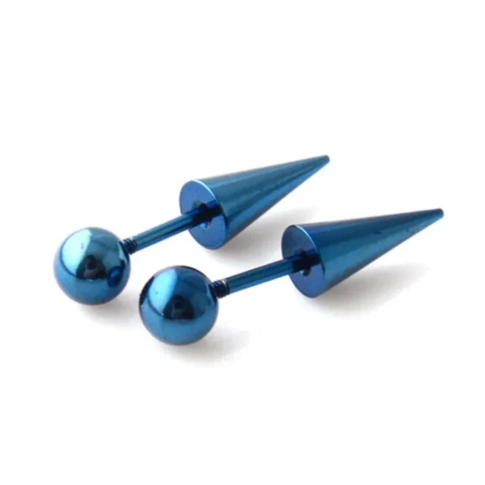 Spike Screw Earrings for All Genders: metallic blue, dark blue pair of barbell-style body jewelry piercings, minimal edgy sty