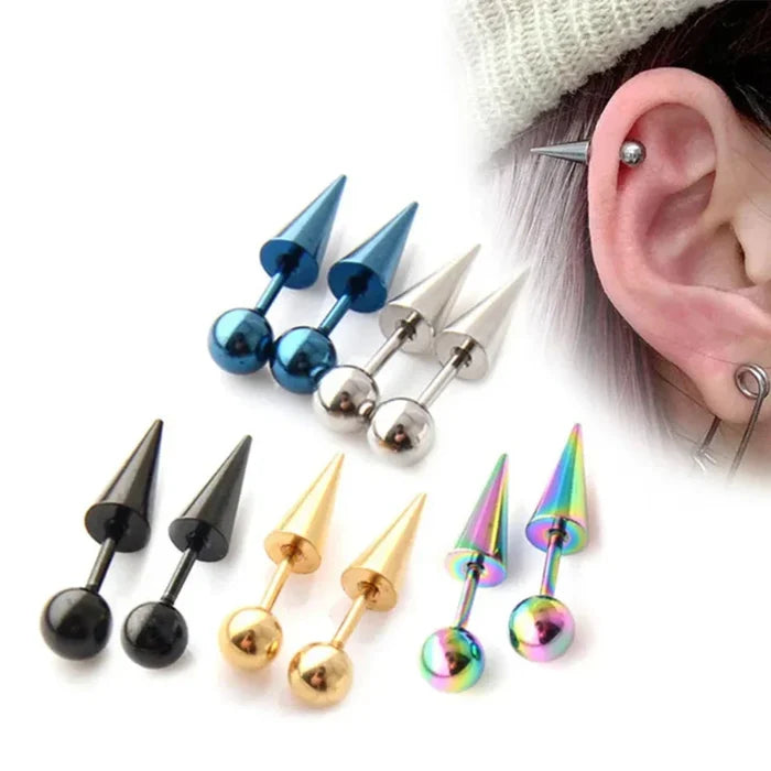 Spike Screw Earrings for All Genders: metallic blue, dark blue pair of barbell-style body jewelry piercings, minimal edgy sty