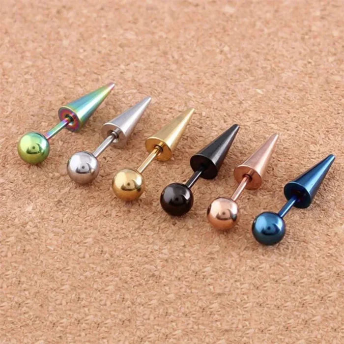 Spike Screw Earrings for All Genders: metallic blue, dark blue pair of barbell-style body jewelry piercings, minimal edgy sty