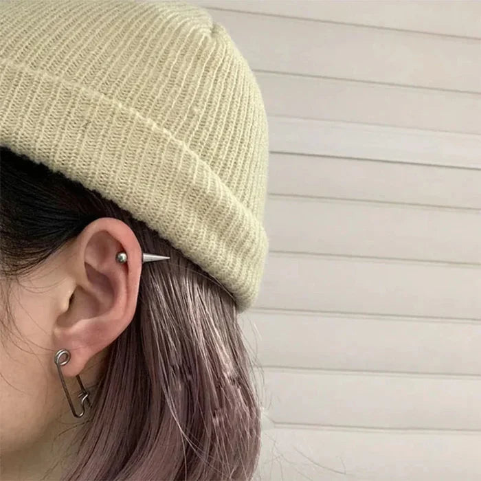 Spike Screw Earrings for All Genders: metallic blue, dark blue pair of barbell-style body jewelry piercings, minimal edgy sty