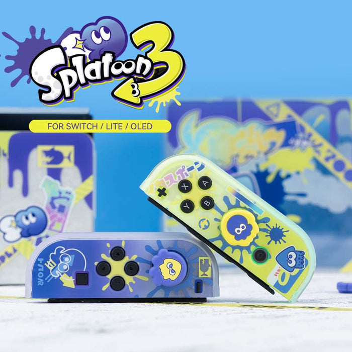 Splatoon 3 Switch OLED Joystick Caps: blue, lime green cartoon squid/octopus-like characters, cartoon, playful, colorful styl