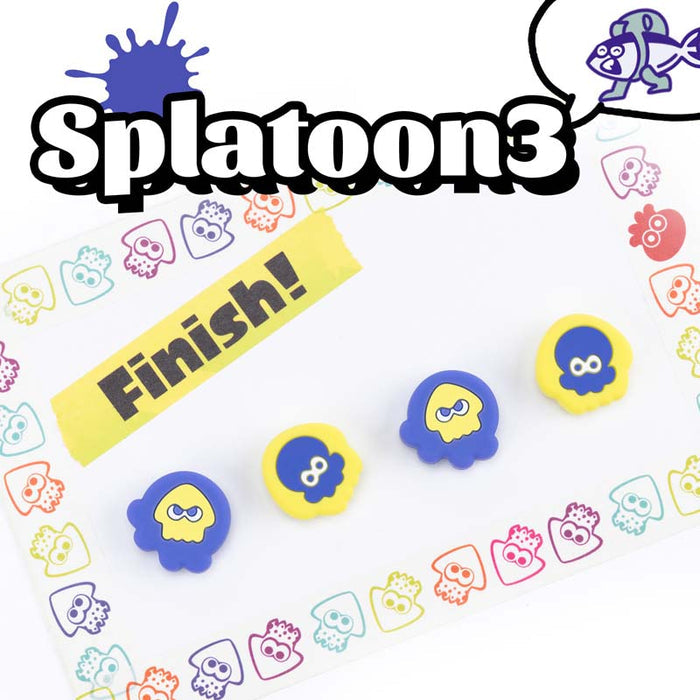 Splatoon 3 Switch OLED Joystick Caps: blue, lime green cartoon squid/octopus-like characters, cartoon, playful, colorful styl