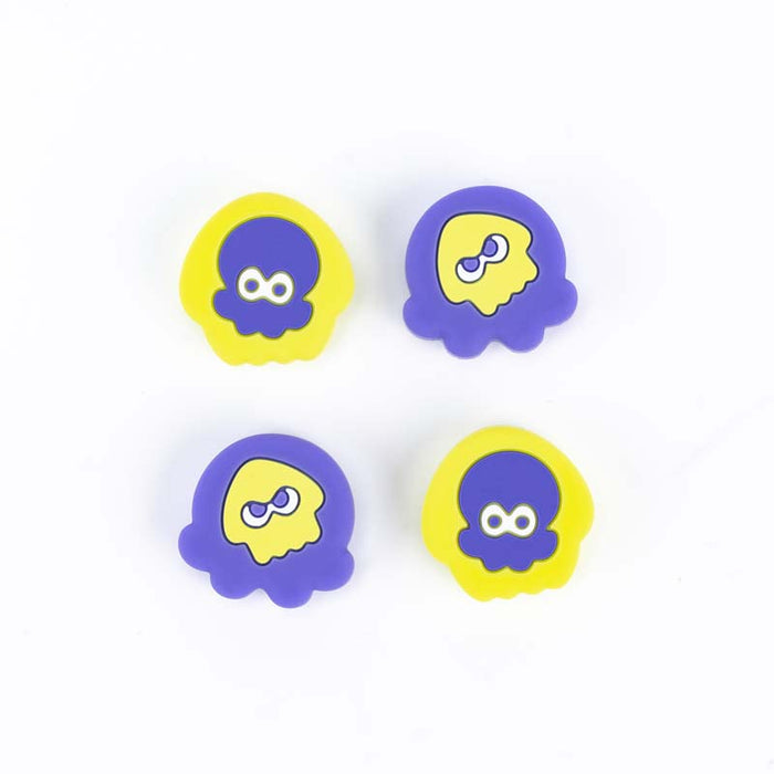 Splatoon 3 Switch OLED Joystick Caps: blue, lime green cartoon squid/octopus-like characters, cartoon, playful, colorful styl